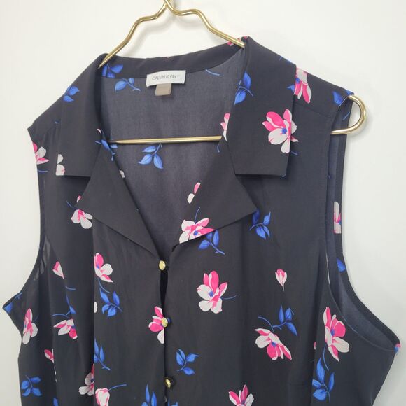 CALVIN KLEIN Black Floral Top Sz 1X Sleeveless Button Up Collar Tank Longline - Picture 6 of 10